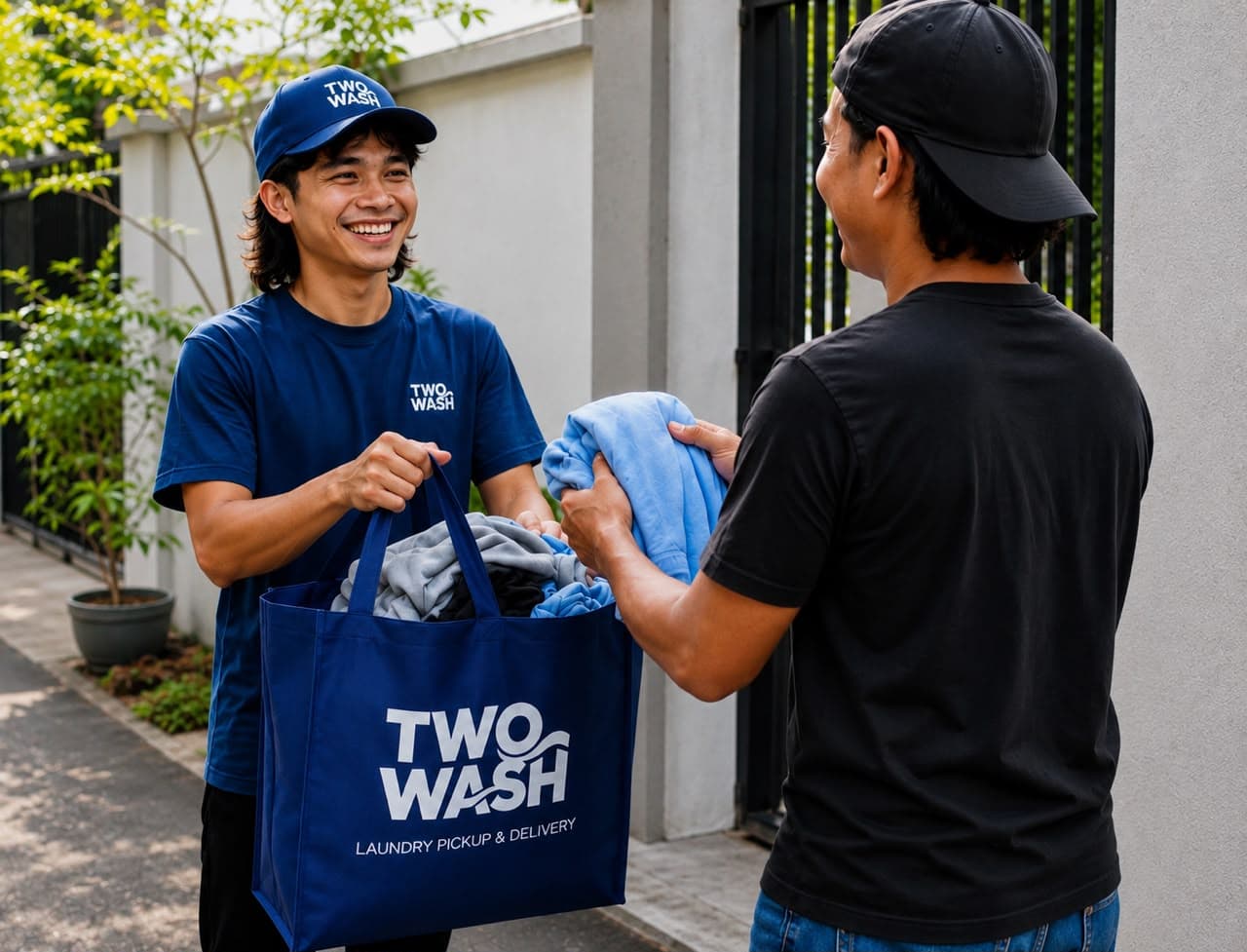 TwoWash driver handing over a laundry bag to a customer